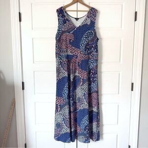 Sleeveless Navy and Pink Printed Maxi Dress